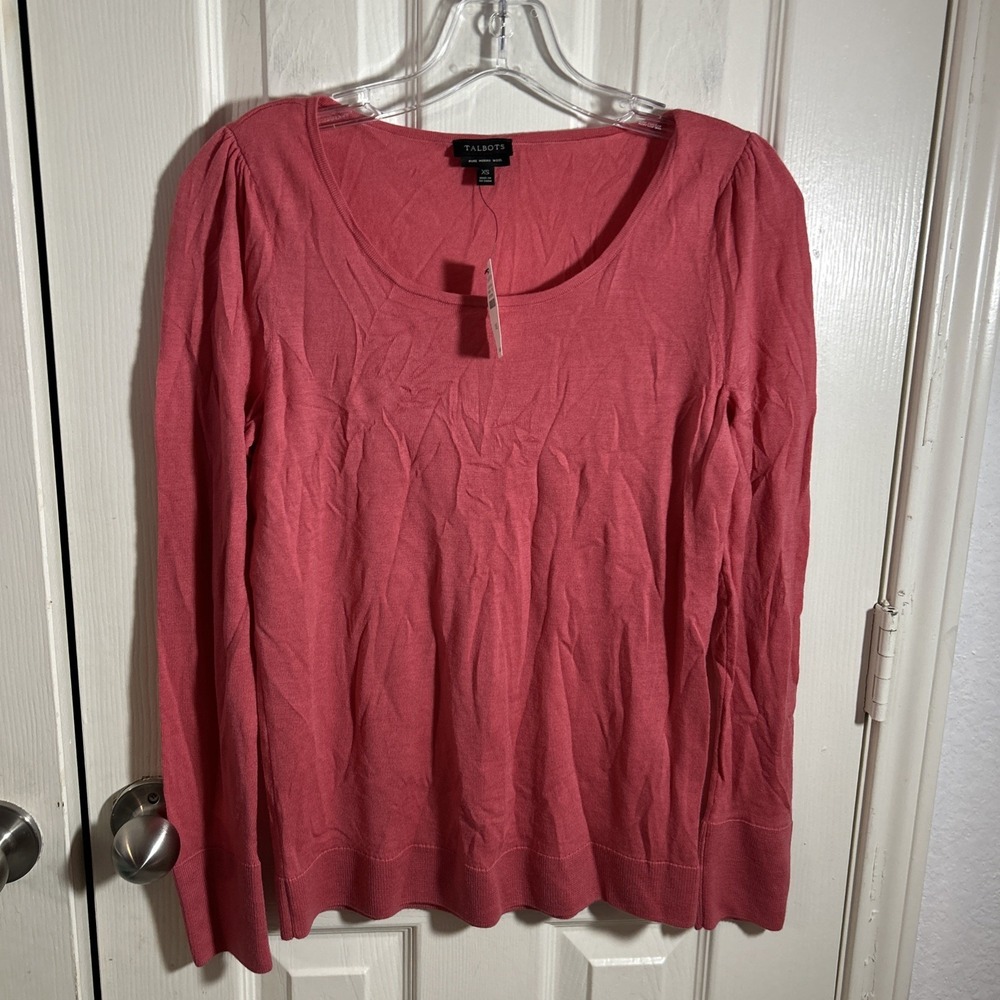 Talbots Womens Pure Merino Wool Scoop Neck Sweater Pink Button Cuff XS NEW